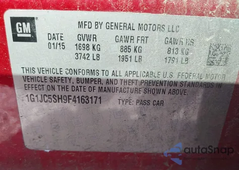 2015 Chevrolet Sonic Lt Auto from USA, damaged, VIN 1G1JC5SH9F4163171